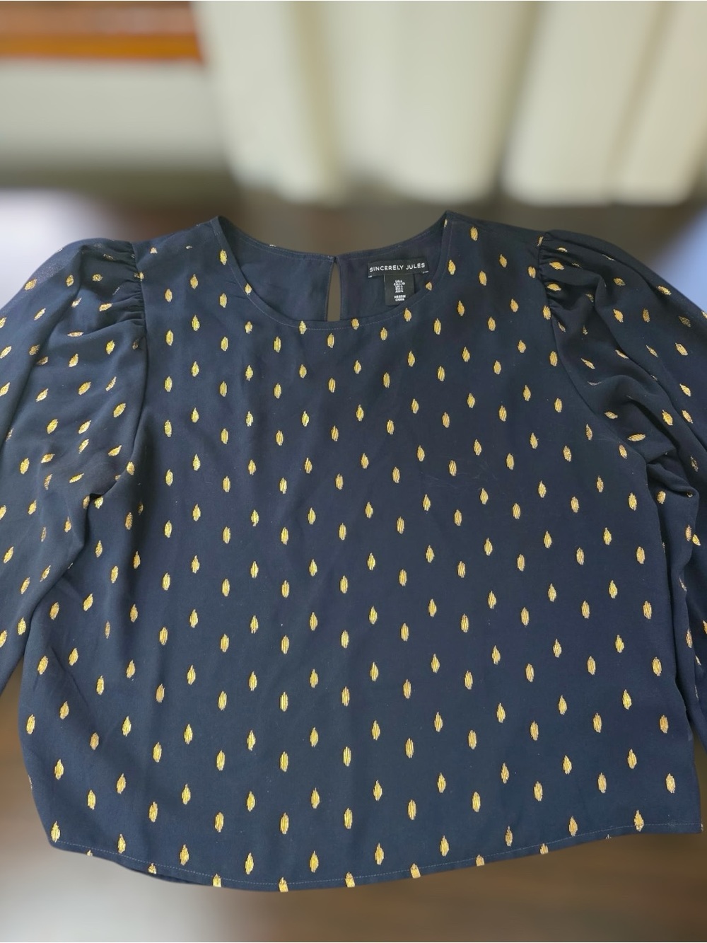 Sincerely Jules Preppy Navy Gold Metallic Puff Sleeve Blouse L